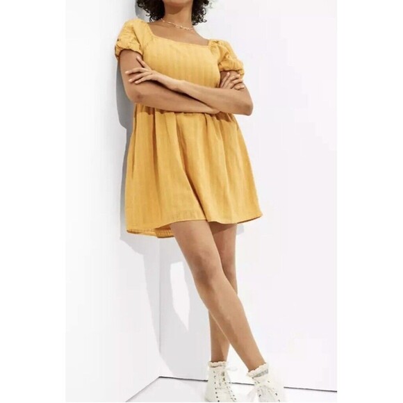 AMERICAN EAGLE AE Puff Sleeve Mustard Yellow Babydoll Mini Dress SIZE‎ XS NWT - Picture 13 of 13